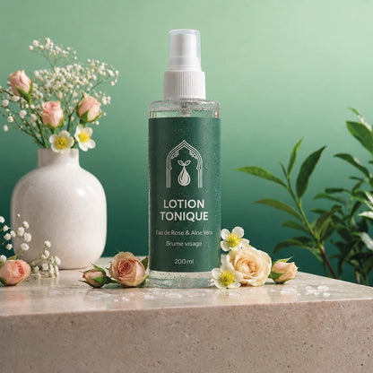 Flacon de lotion tonique vert à spray, étiquette blanche « LOTION TONIQUE », 200 ml, posé sur table.
