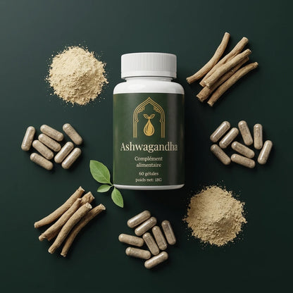 Bocal de complément alimentaire Ashwagandha vert avec gélules, poudre et racines à proximité.