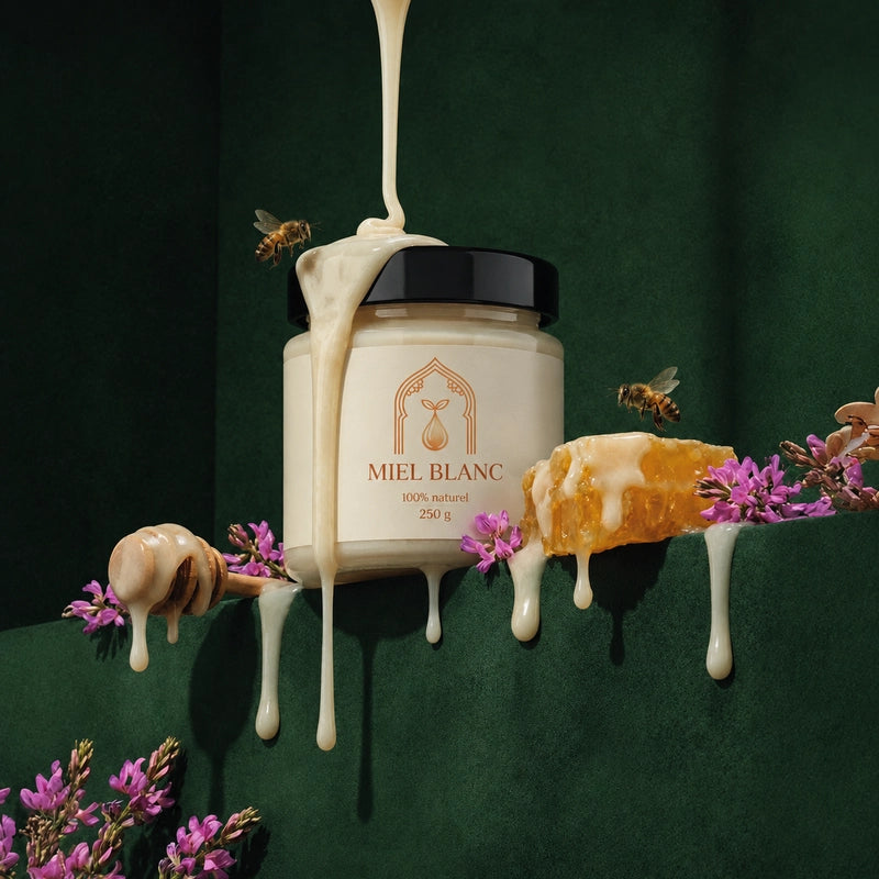 Pot de miel blanc 250 g avec miel coulant, abeilles et rayon d’abeille, fleurs violettes