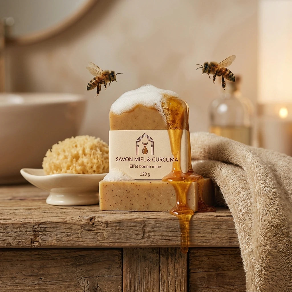 Savon solide miel et curcuma beige, abeilles autour, filet de gel ambré et serviette.