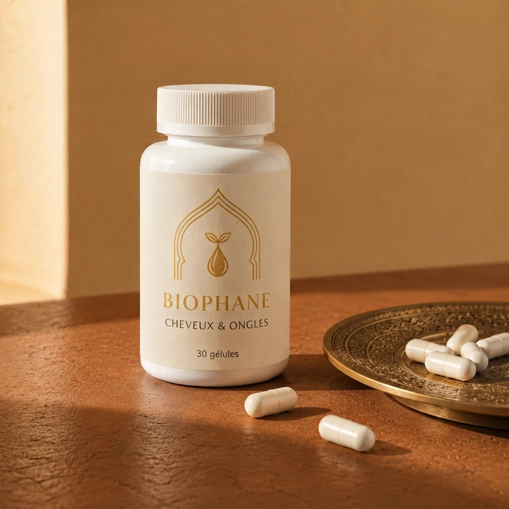 Pot de gélules blanc Biophane, étiquette « Cheveux & ongles », 30 gélules.