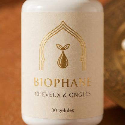 Pot de gélules Biophane, vue rapprochée de « Cheveux & ongles », 30 gélules.