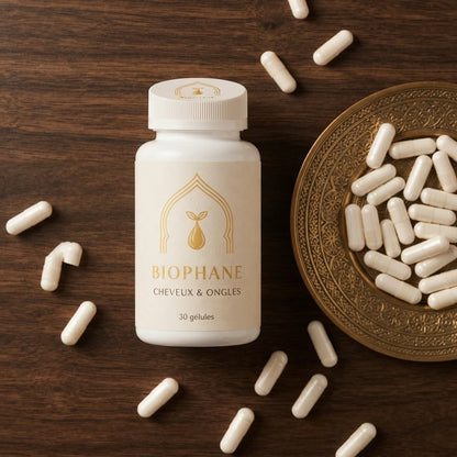 Pot de gélules Biophane et capsules blanches, 30 gélules, sur plateau.
