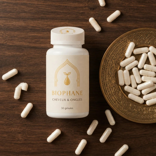 Pot de gélules Biophane et capsules blanches, 30 gélules, sur plateau.