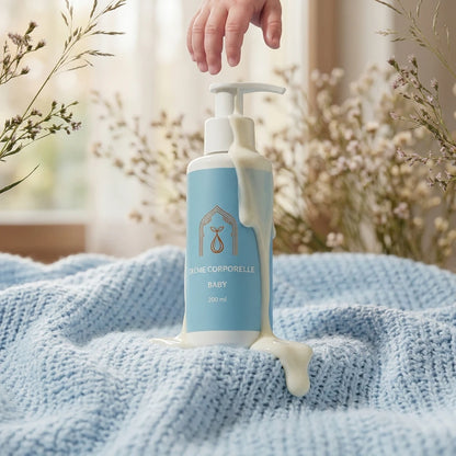 Crème corporelle Baby en flacon blanc à pompe, main au-dessus, étiquette bleu clair.