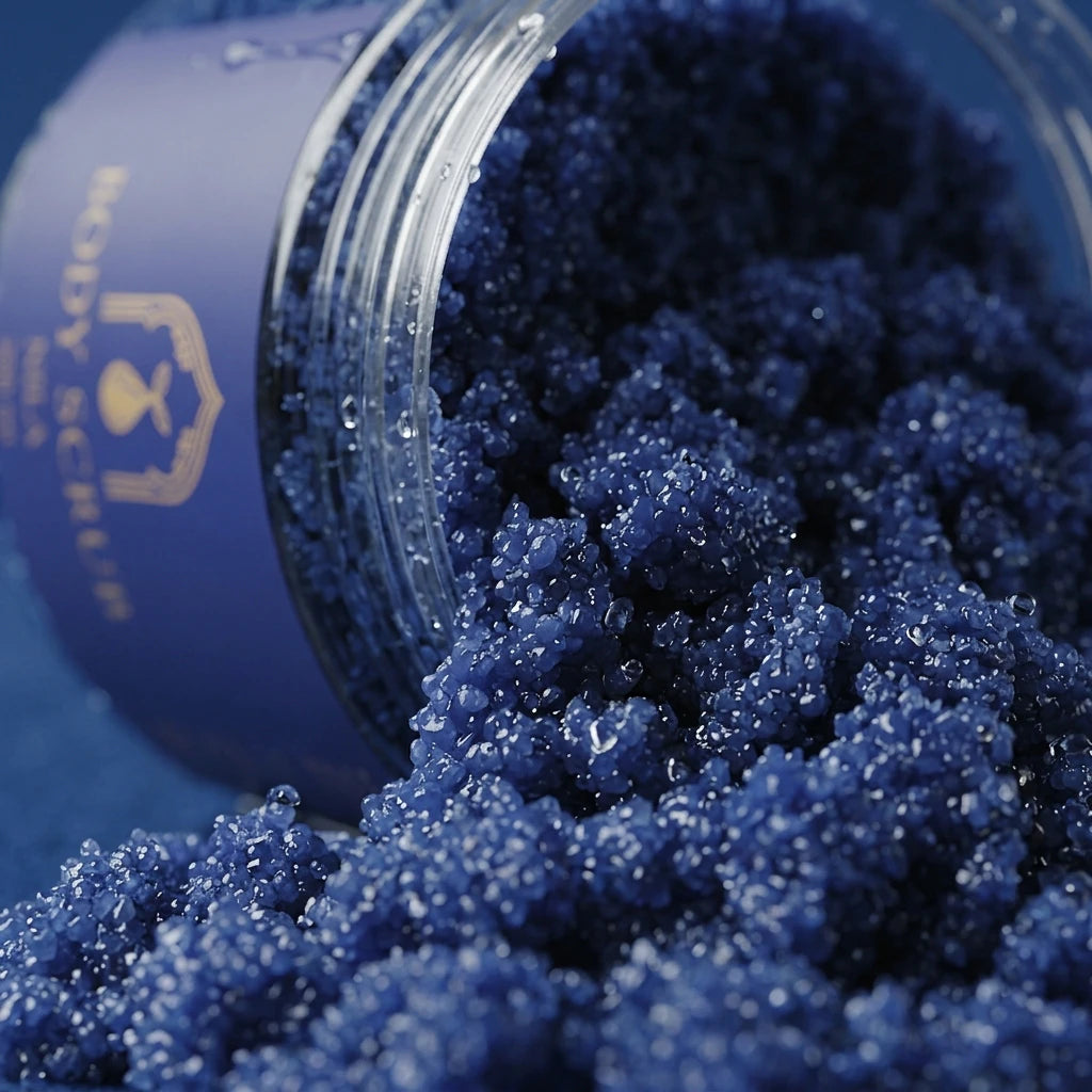 Gommage corps Nila bleu foncé à grains, texture humide et granules brillants