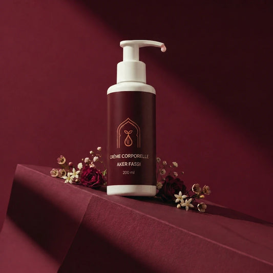 Crème pour le corps Aker Fassi, flacon brun avec pompe blanche et décor floral