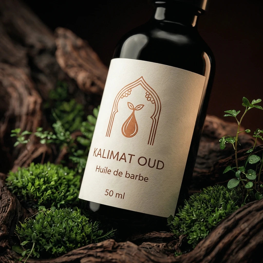 Flacon d’huile à barbe noir avec pipette, étiquette beige avec motif et texte