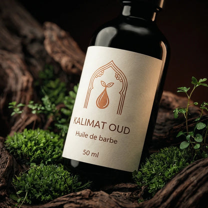 Flacon d’huile à barbe noir avec pipette, étiquette beige avec motif et texte