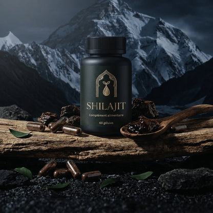 Bocal de Shilajit noir 60 gélules, avec cuillère contenant une substance sombre.