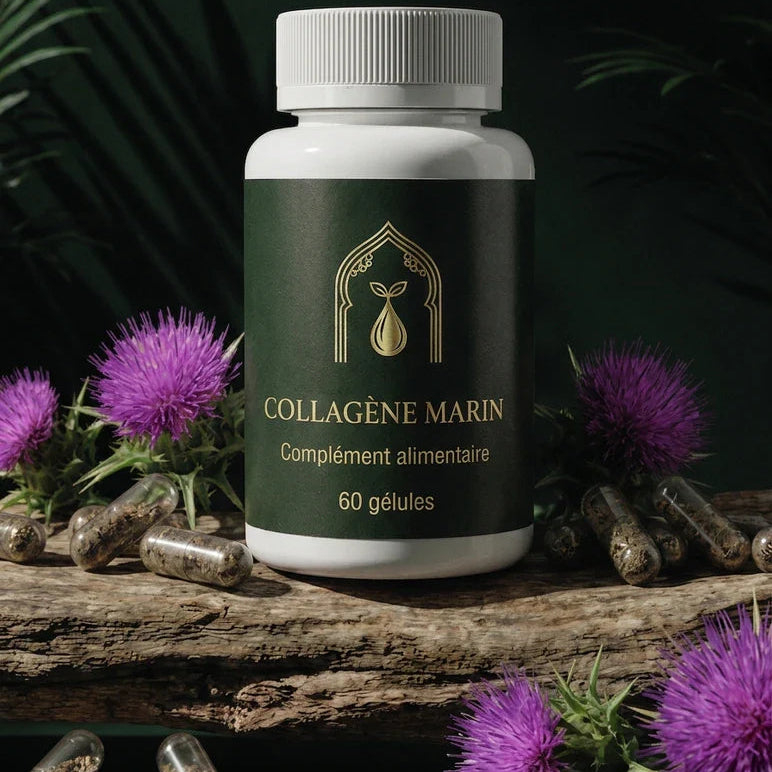 Flacon de collagène marin, 60 gélules, étiquette dorée, bouchon blanc