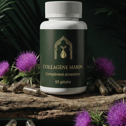 Flacon de collagène marin, 60 gélules, étiquette dorée, bouchon blanc