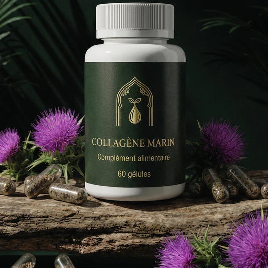 Flacon de collagène marin, 60 gélules, étiquette dorée, bouchon blanc