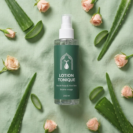 Flacon de lotion tonique vert à spray, étiquette blanche « LOTION TONIQUE », 200 ml.