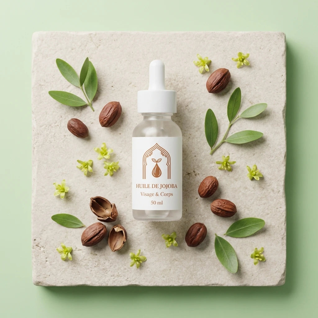 Huile de jojoba en flacon compte-gouttes sur carton avec graines et feuilles