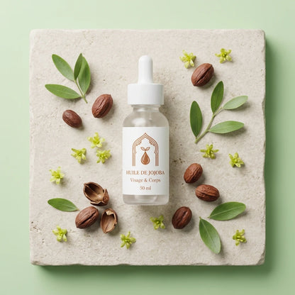 Huile de jojoba en flacon compte-gouttes sur carton avec graines et feuilles