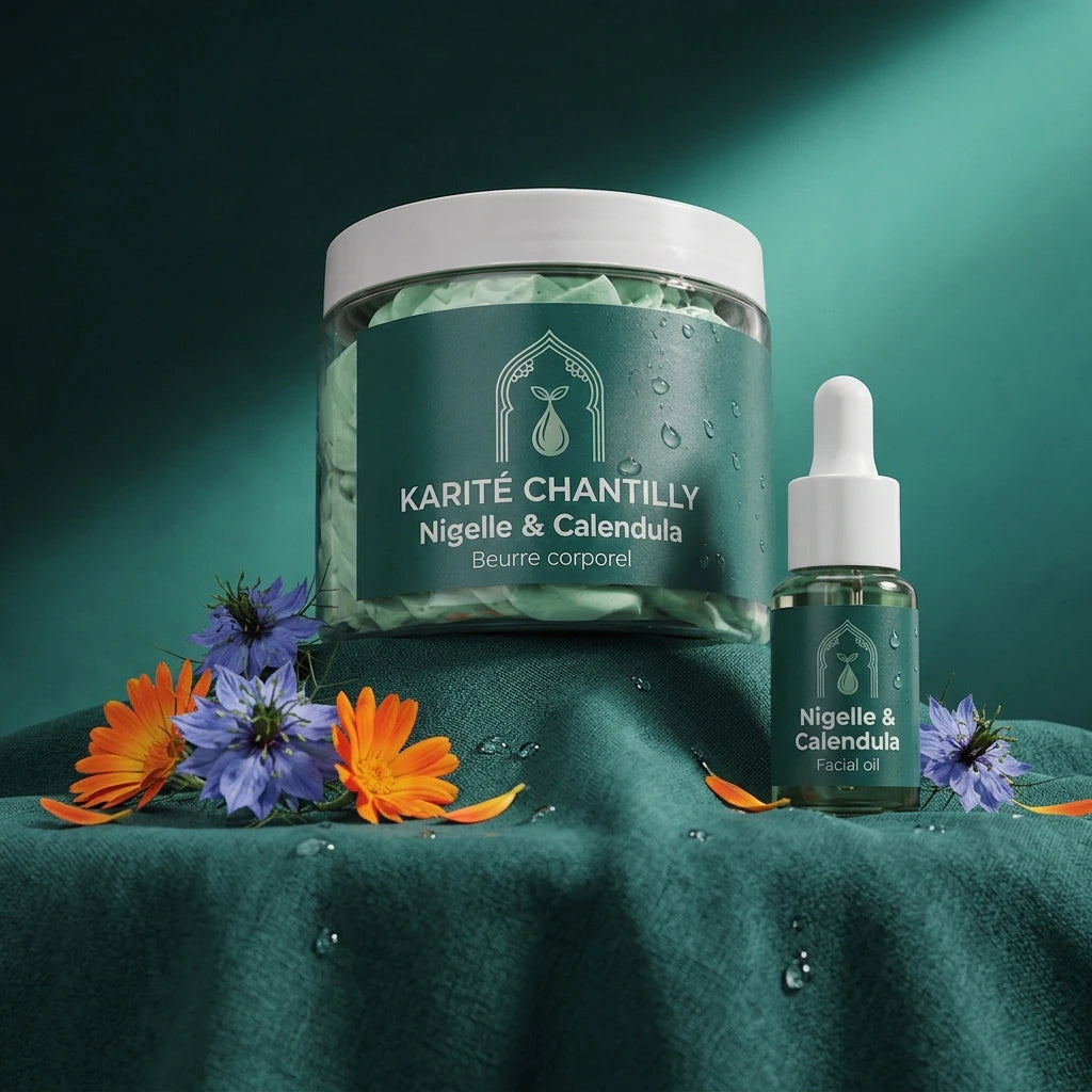 Pot et petit flacon d’huile faciale Karité Chantilly Nigelle & Calendula, verre vert.