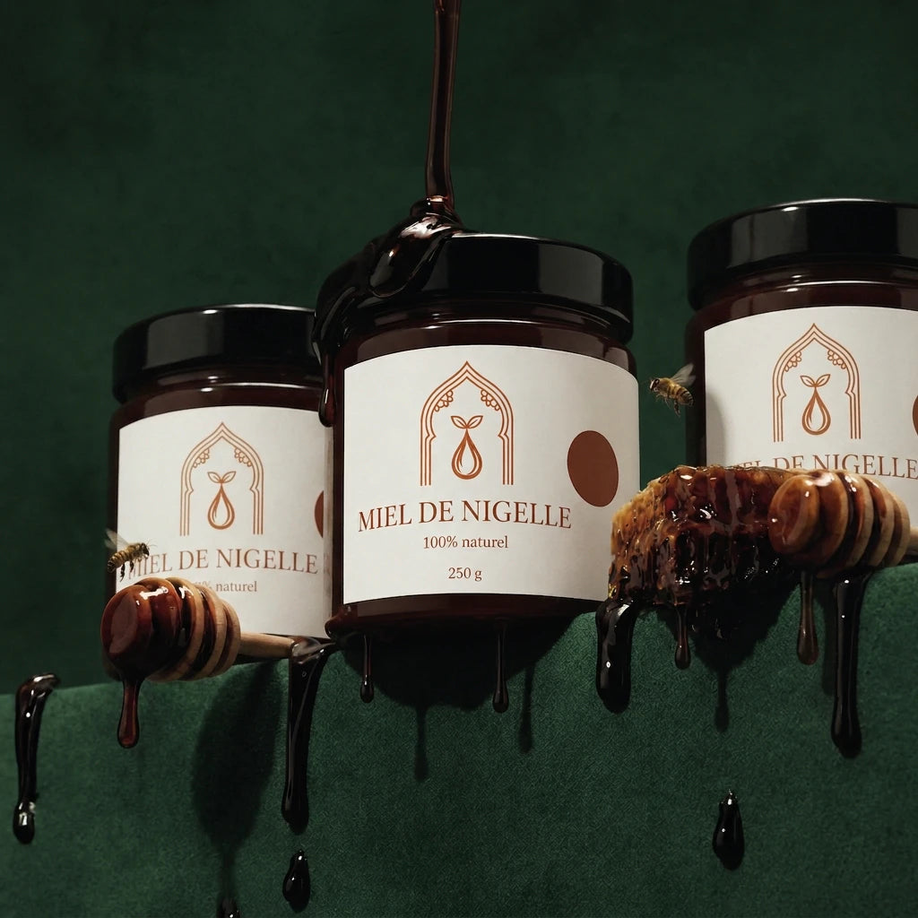 Trois pots de miel de nigelle 250 g, miel qui dégouline, cuillères en bois