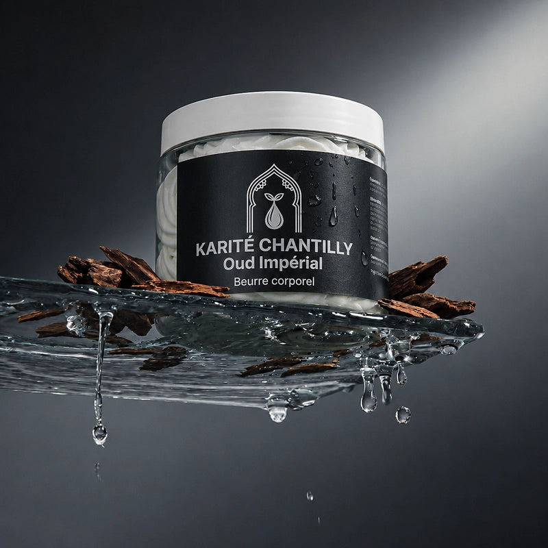Pot de beurre corporel, jets d’eau et morceaux de bois bruns autour.