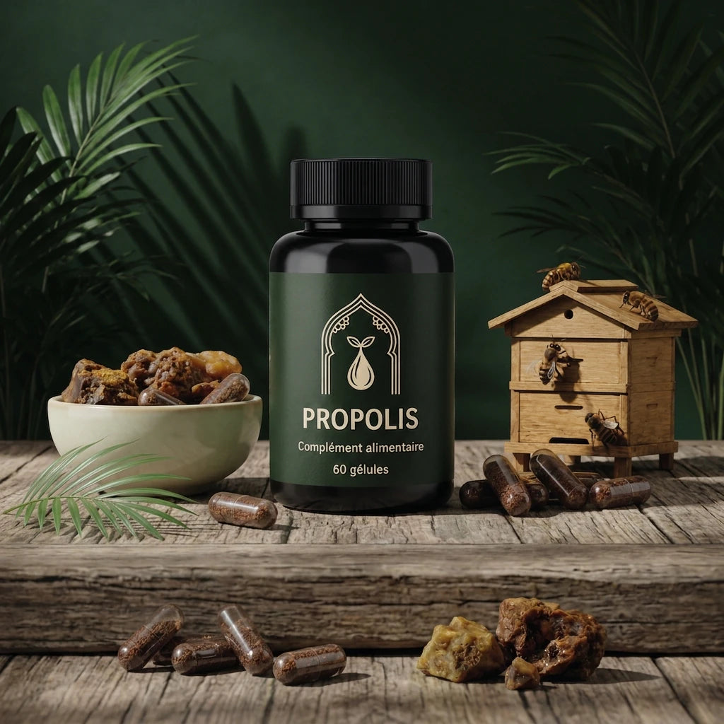 Bouteille de propolis 60 gélules avec gélules brunes et morceaux dans un bol