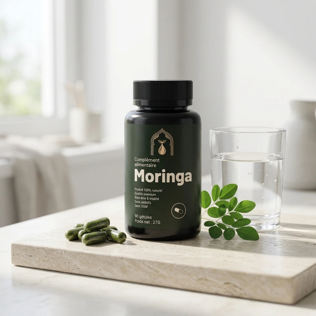 Bouteille de gélules de moringa noire près d’un verre d’eau et de feuilles de moringa.
