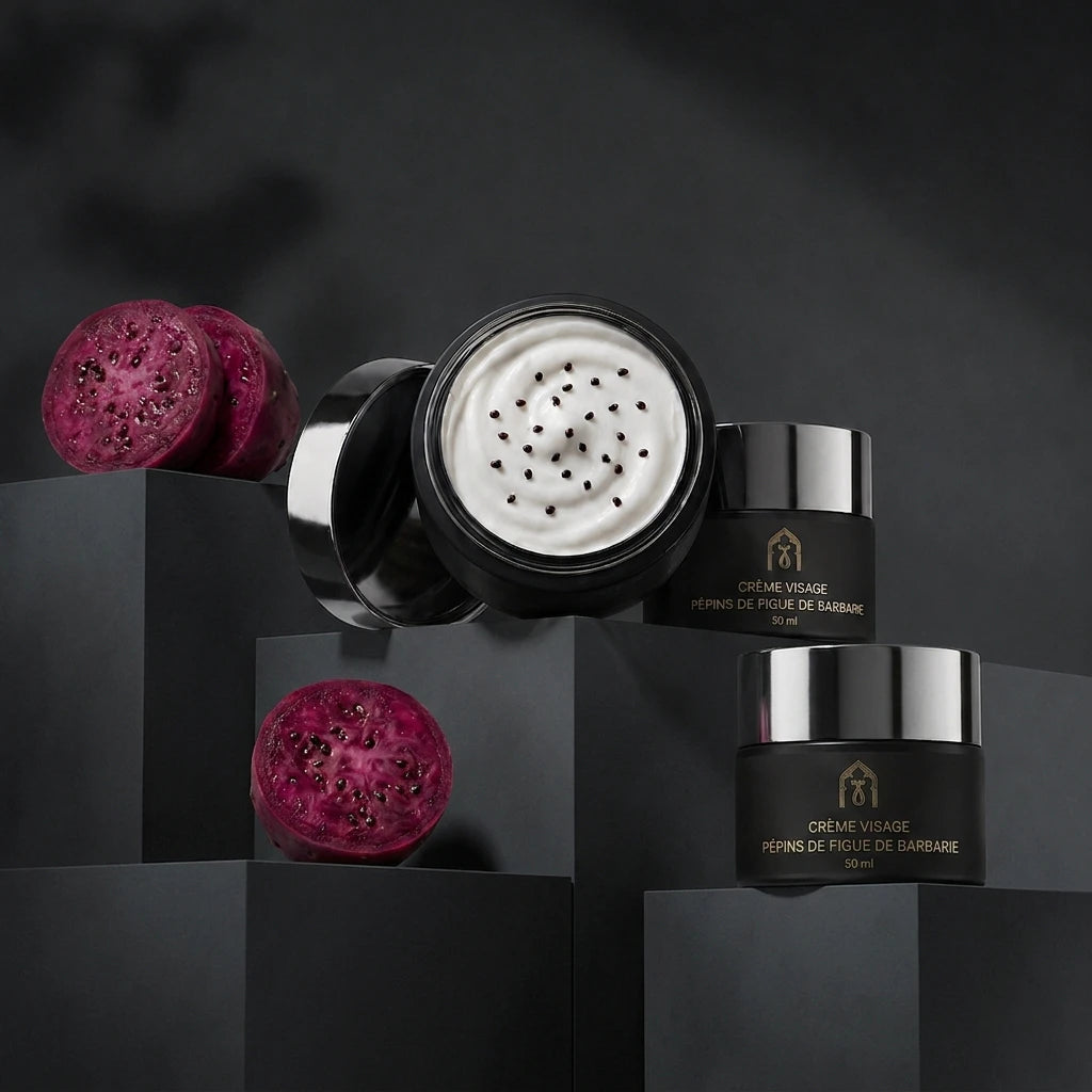 Deux pots de crème visage noirs, couvercles ouverts, crème blanche et graines noires.