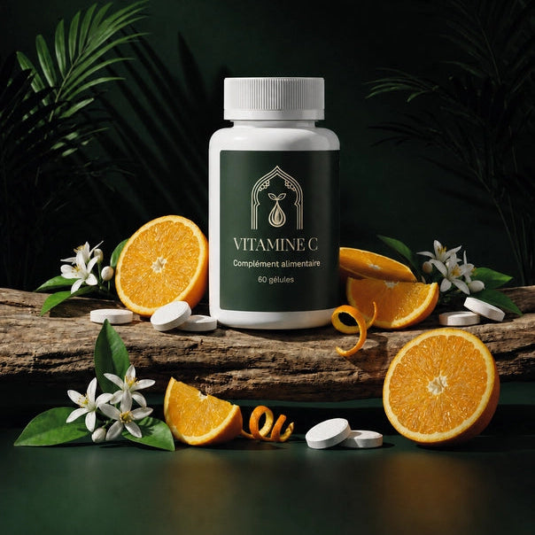 Bocal vert Vitamine C sur bois, gélules blanches et demi-oranges