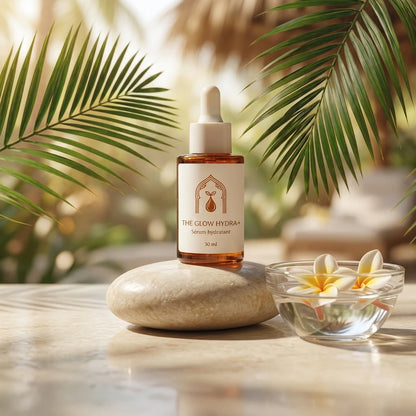 Flacon de sérum hydratant The Glow Hydra+ 30 ml avec pipette, verre ambré.