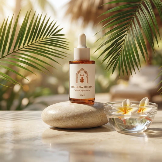 Flacon de sérum hydratant The Glow Hydra+ 30 ml avec pipette, verre ambré.