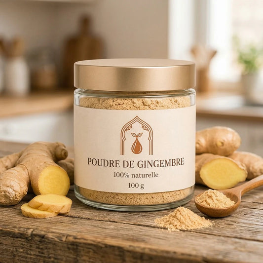 Bocal de poudre de gingembre beige en verre, couvercle doré, 100 g