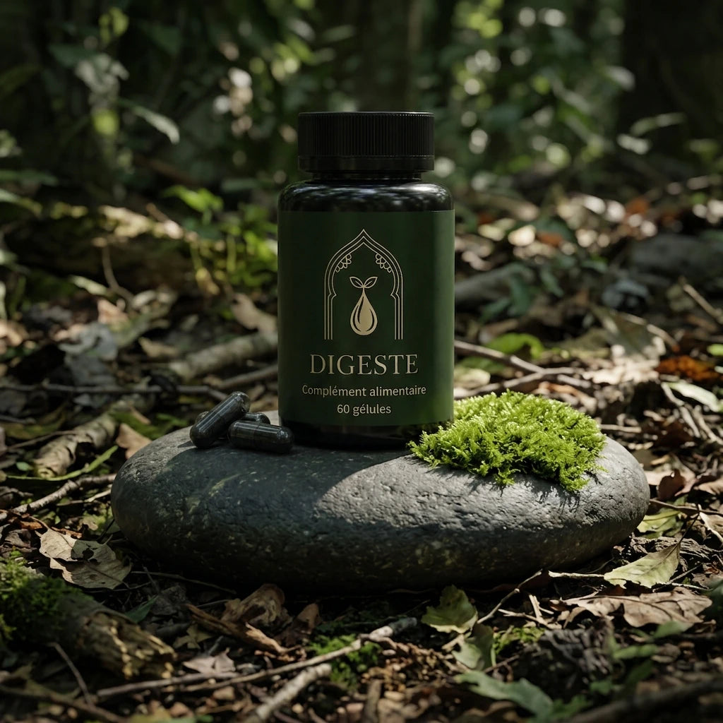 Bouteille Digeste vert foncé, bouchon noir, étiquette, gélules, 60 gélules