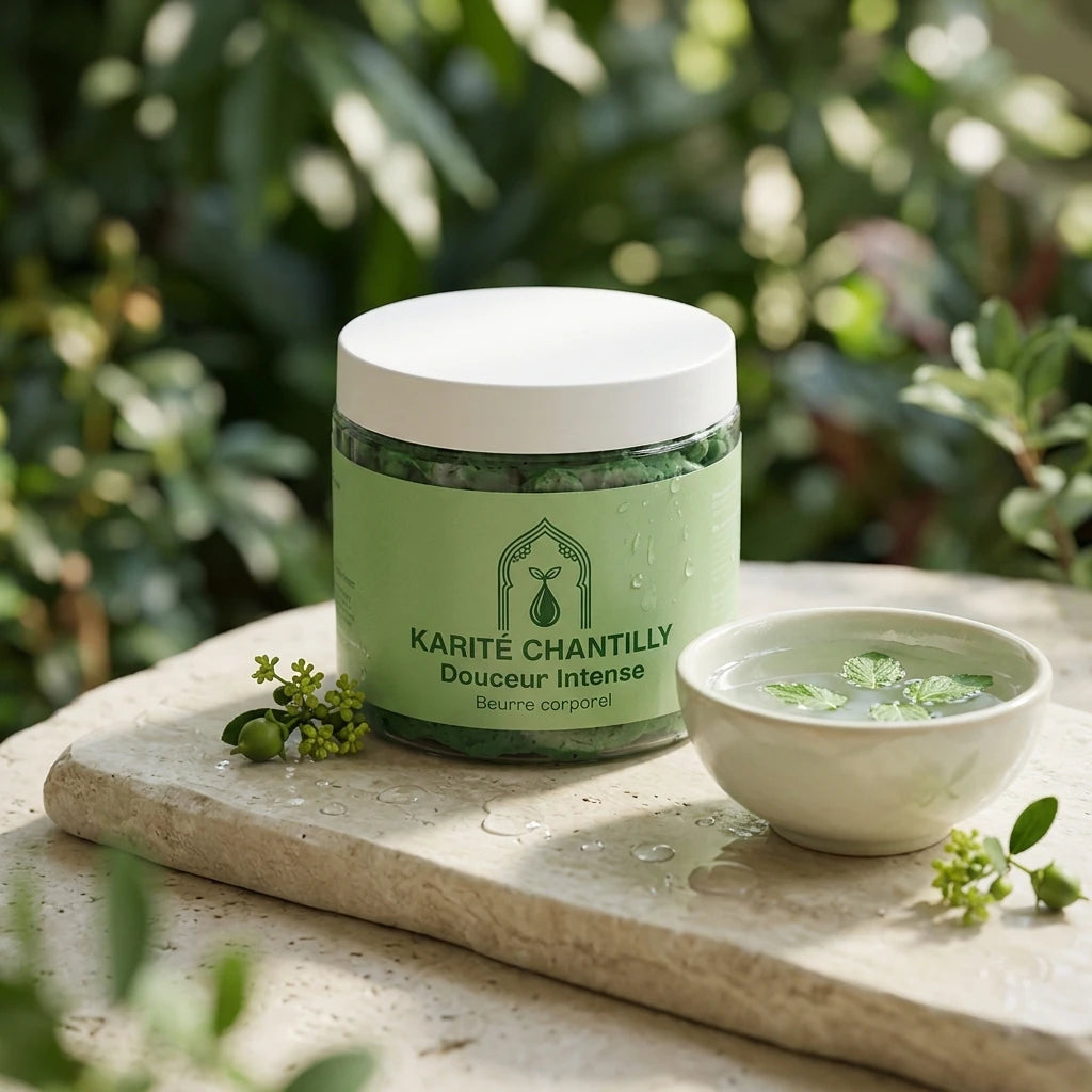 Pot de beurre corporel au karité, couvercle blanc, avec bol de crème verte.