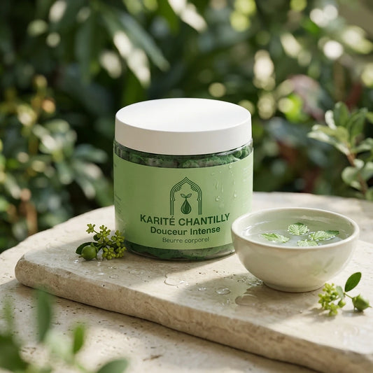 Pot de beurre corporel au karité, couvercle blanc, avec bol de crème verte.