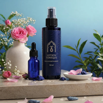 Ensemble de lotion tonique: flacon spray bleu foncé et flacon compte-gouttes