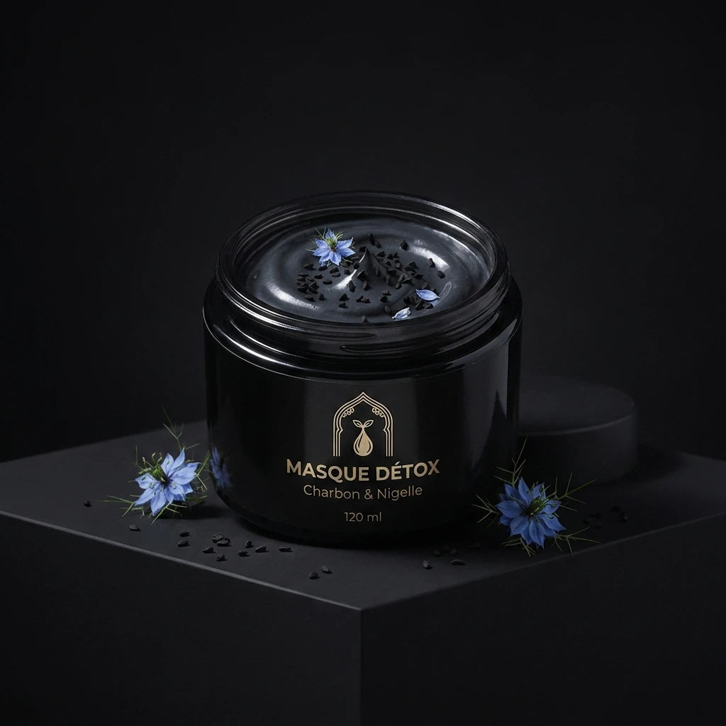 Pot de masque détox noir avec couvercle, étiquette crème et fleurs bleues