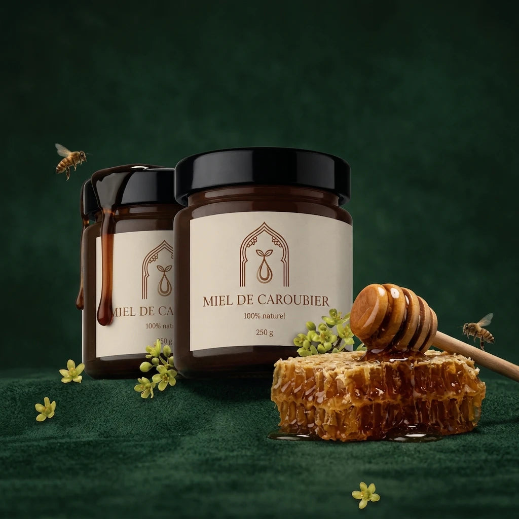 Pot de miel de caroubier 250 g, tranche de miel, cuillère en bois avec filet brun