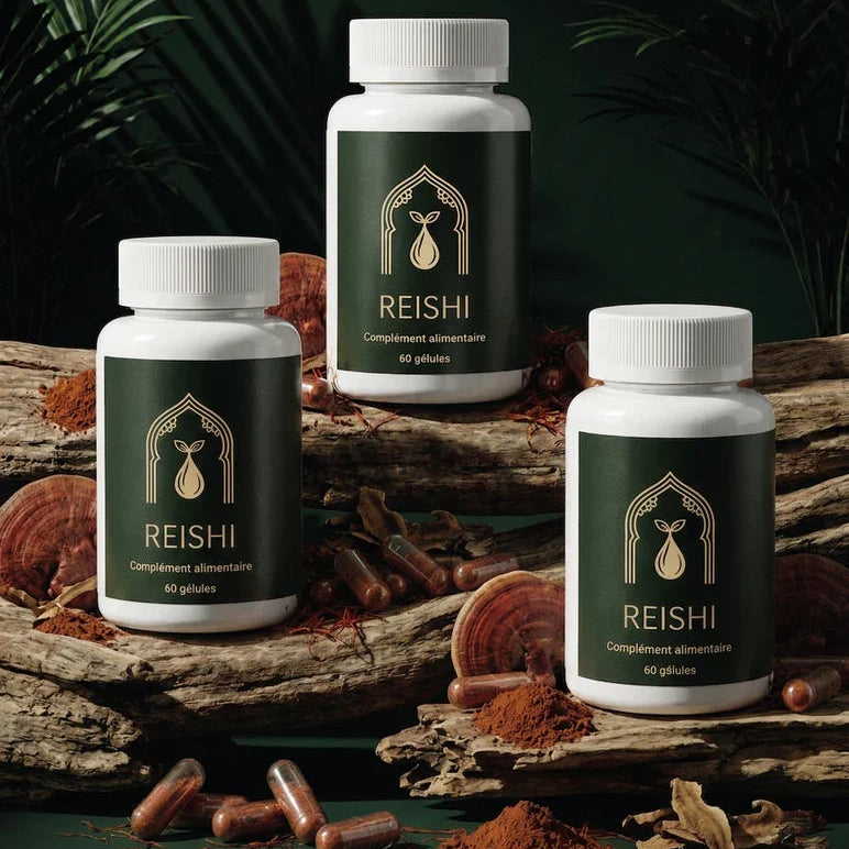 Trois pots de gélules Reishi 60, étiquettes vert foncé sur bûche