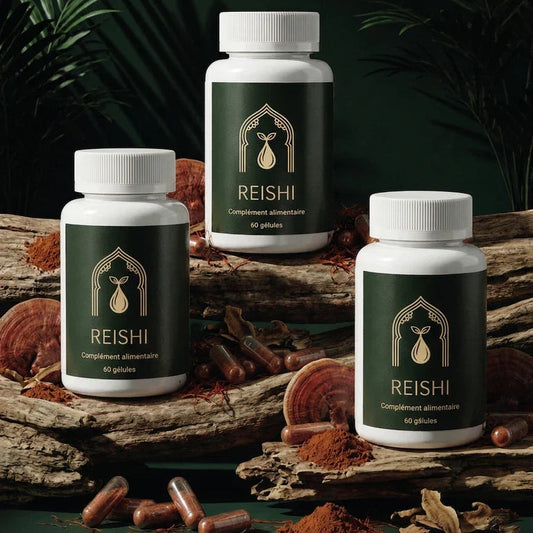 Trois pots de gélules Reishi 60, étiquettes vert foncé sur bûche