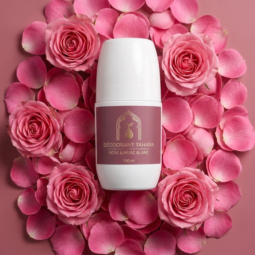 Flacon de déodorant Tahara blanc, étiquette rose, entouré de fleurs roses, 100 ml