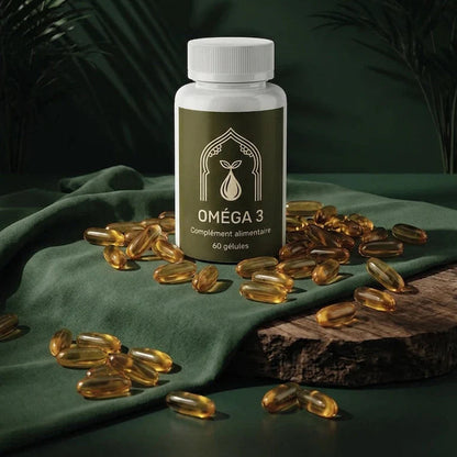 Flacon de capsules sur tissu vert, capsules dorées éparpillées, étiquette « OMÉGA 3 ».