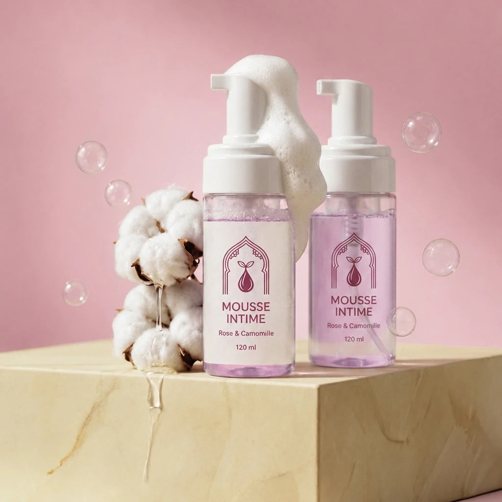 Mousses pour soins intimes, deux flacons pompes, étiquettes violettes, 120 ml