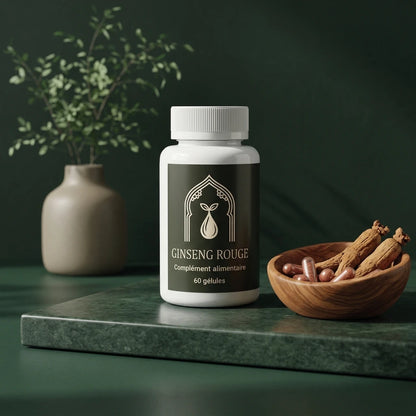 Bouteille de complément au ginseng rouge, gélules marron dans un bol en bois.