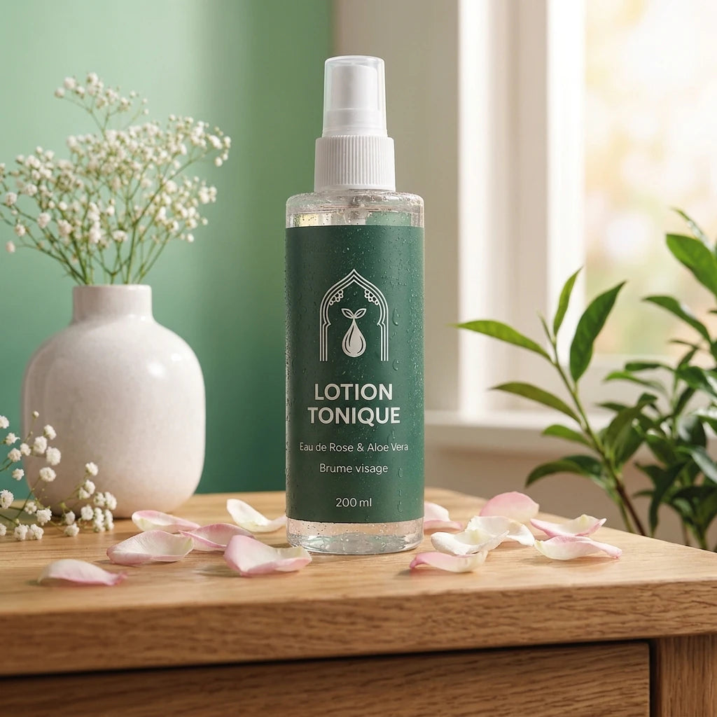 Flacon de lotion tonique vert à spray, étiquette blanche « LOTION TONIQUE », 200 ml, sur table.