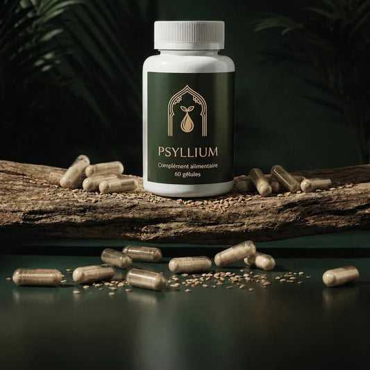 Bocal de complément au psyllium avec 60 gélules, couvercle blanc et étiquette verte.