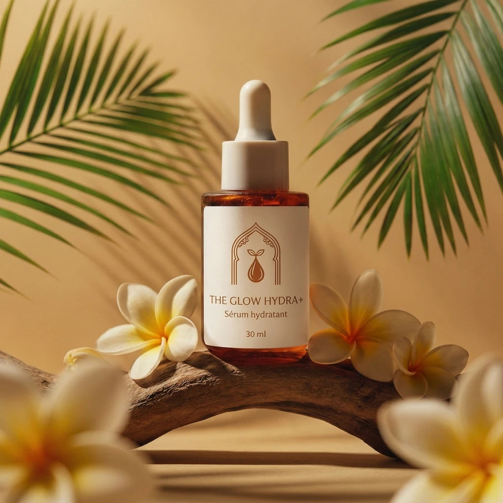 Flacon The Glow Hydra+ 30 ml, sérum hydratant, verre ambré et bouchon compte-gouttes.