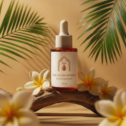 Flacon The Glow Hydra+ 30 ml, sérum hydratant, verre ambré et bouchon compte-gouttes.