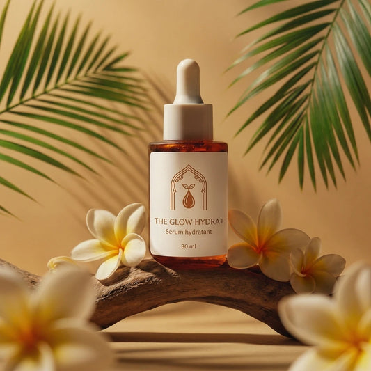 Flacon The Glow Hydra+ 30 ml, sérum hydratant, verre ambré et bouchon compte-gouttes.