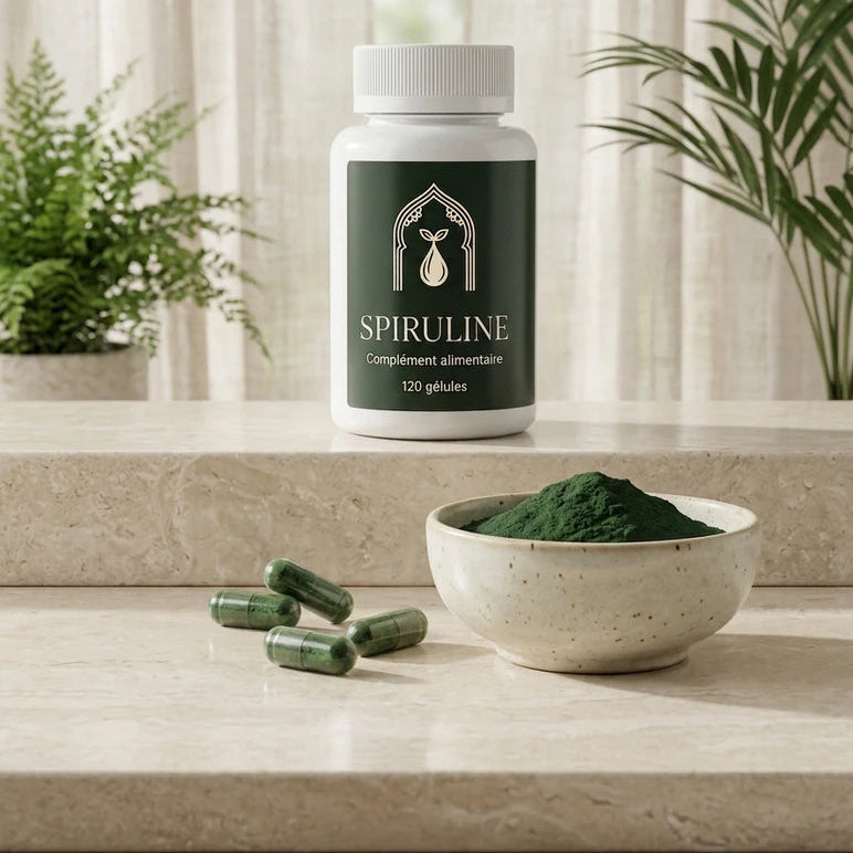 Flacon Spiruline et bol de poudre verte, avec gélules.