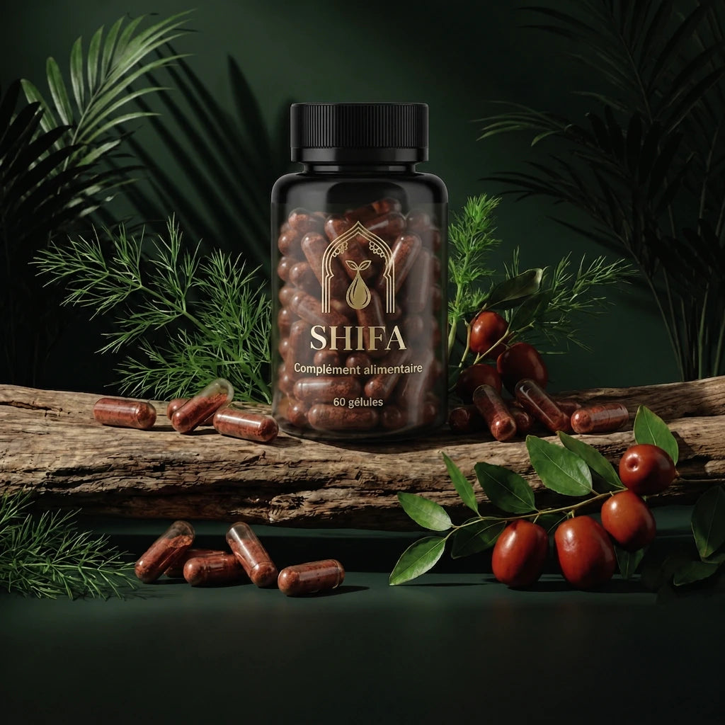 Flacon noir SHIFA 60 gélules, capsules brunes visibles, sur planche en bois.