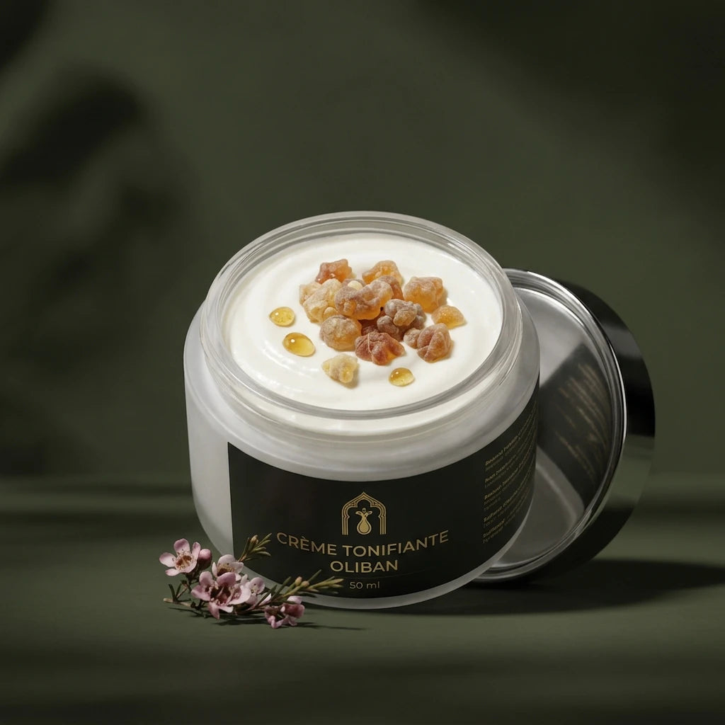 Pot de crème tonifiante, crème blanche et particules ambrées dans le pot.